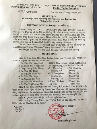 Quyết định kiện toàn Hội đồng trường mầm non Trường Sơn, Nhiệm kỳ 2019-2024